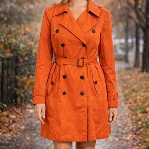 Cole Haan Vibrant Orange Trench Coat | Double-Breasted Belted | Size L